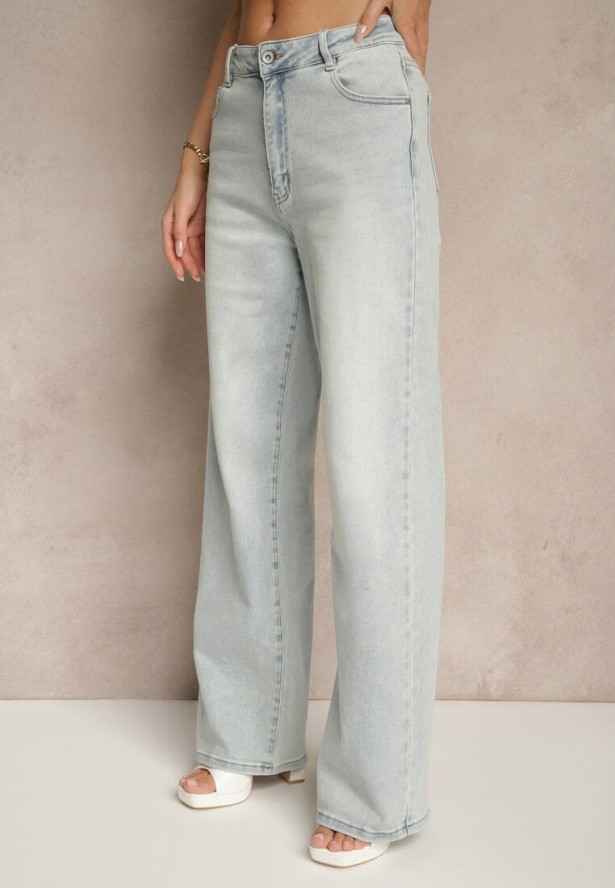 Jasnoniebieskie Jeansy High Waist z Szeroką Nogawką Jenaliria