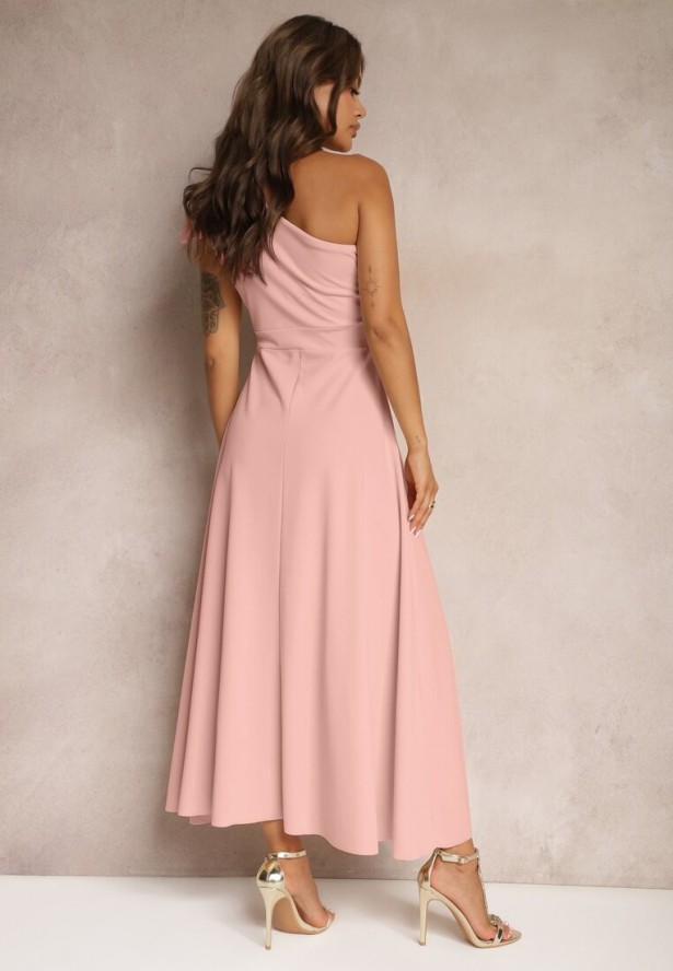 Różowa Sukienka Koktajlowa o Asymetrycznym Kroju na Jedno Ramię Ozdobiona Kokardą Vimorissa