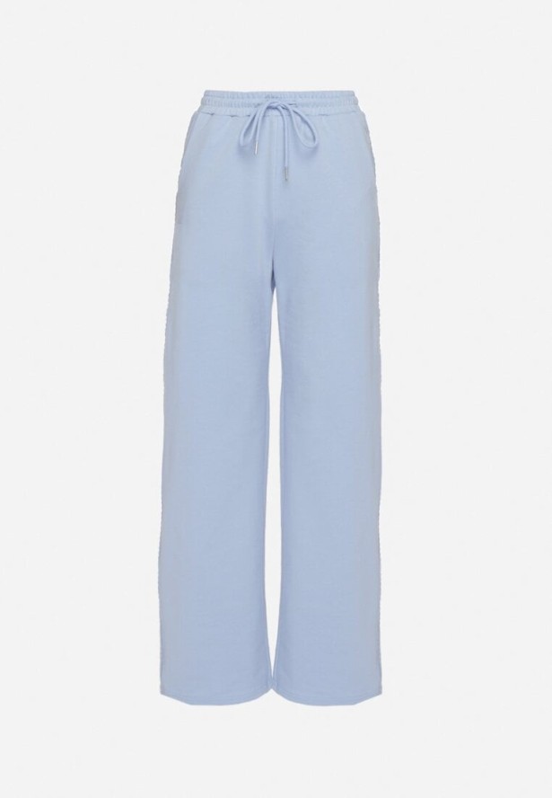Jasnoniebieskie Szerokie Spodnie Dresowe z Bawełny z Wysokim Stanem i Lampasami Pillione