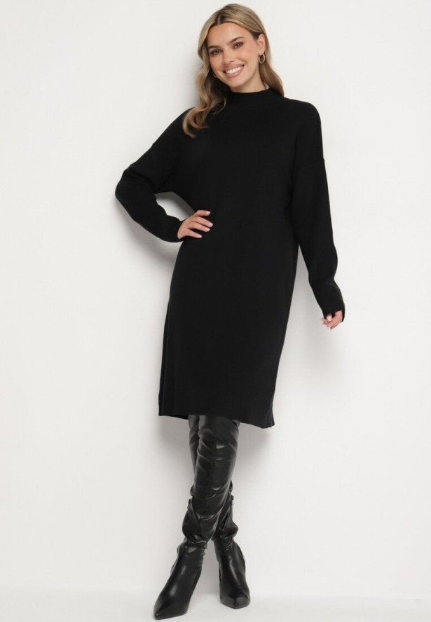 Czarna Sweterkowa Sukienka Półgolf z Bawełną i Wełną Pilara