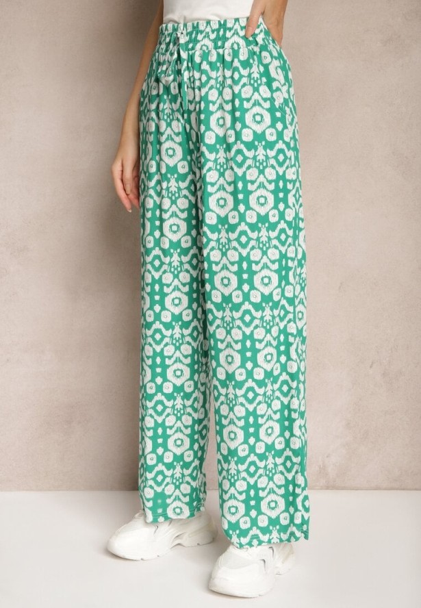 Zielone Wzorzyste Spodnie z Szerokimi Nogawkami i Gumką w Pasie z Wiskozy Zixia