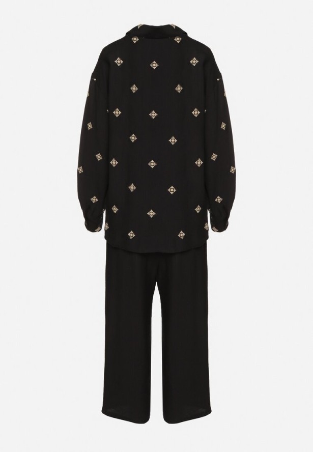Czarny Komplet z Wiskozy o Kroju Oversize Koszula z Haftem i Spodnie Sadeonna