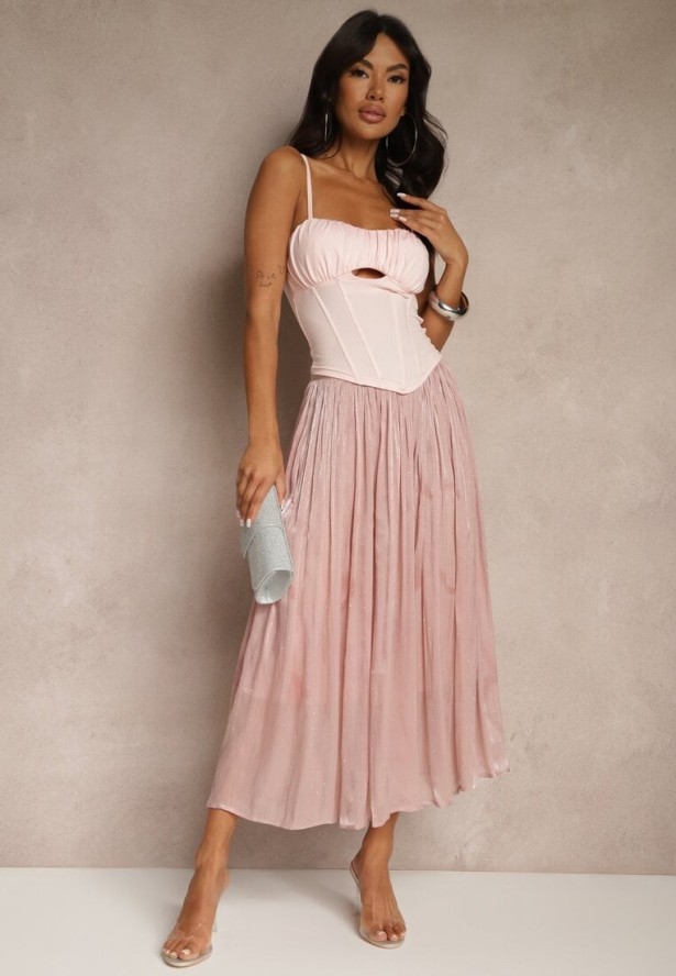 Różowa Spódnica o Rozkloszowanym Kroju z Ozdobnymi Cyrkoniami Folaressa