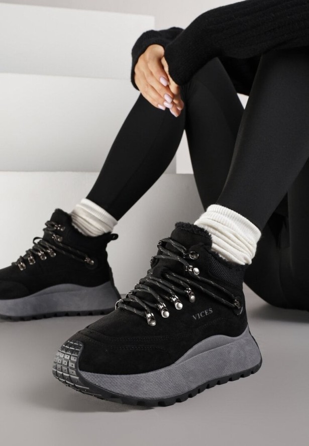 Czarne Sneakersy Śniegowce Vices na Platformie w Sportowym Stylu Nelsella