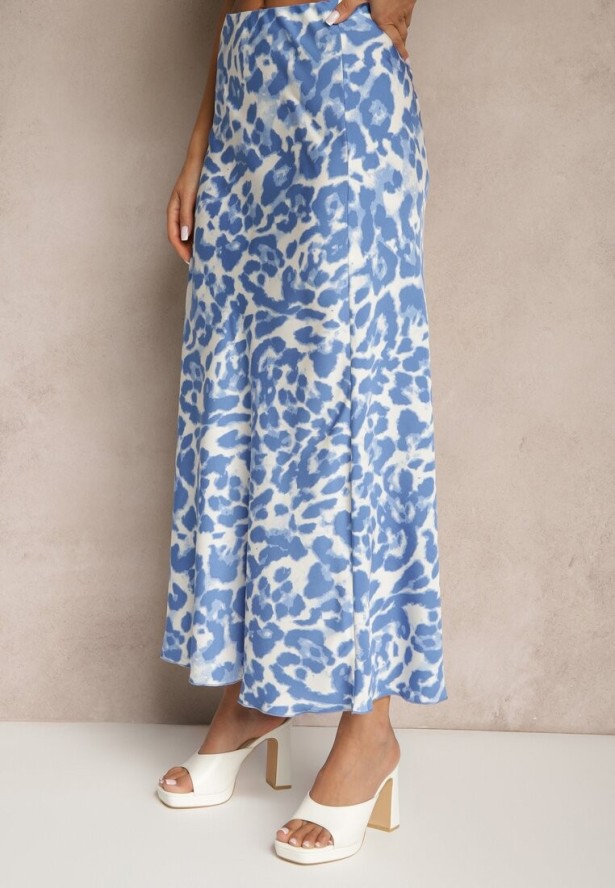 Niebiesko-Beżowa Panterkowa Spódnica z Wiskozy High Waist Fevirellea
