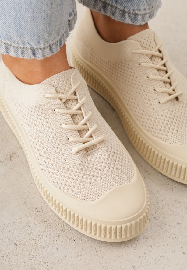 Beżowe Siateczkowe Trampki na Tłoczonej Podeszwie Eezore