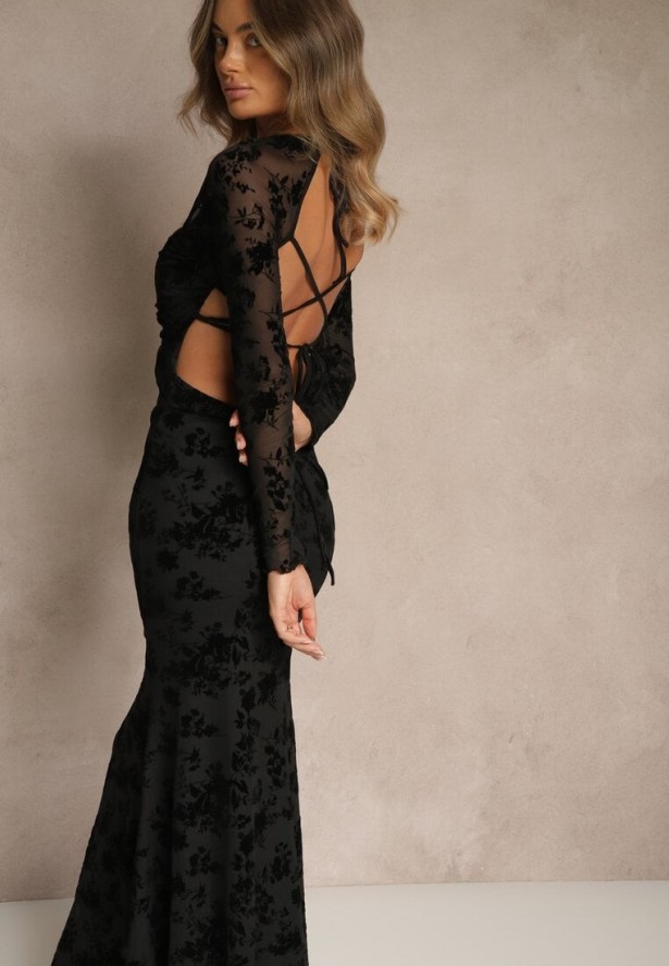 Czarna Sukienka VICES Bodycon z Siateczki Ozdobionej Wzorem w Kwiaty Rivita