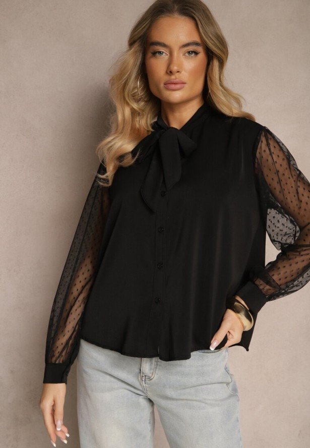 Czarna Koszula Ozdobiona Wiązaniem i Transparentnymi Rękawami Aennora