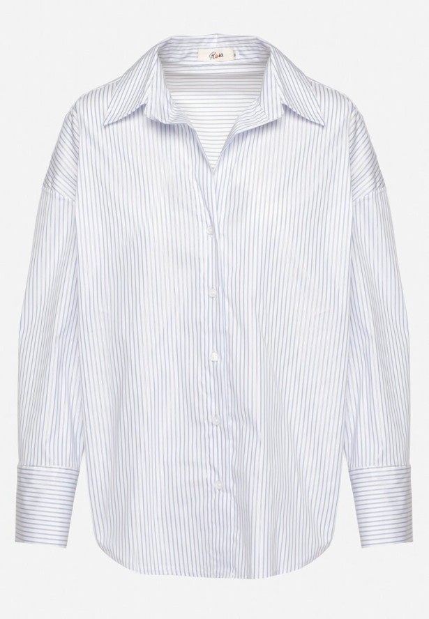 Niebieska Bawełniana Koszula Oversize w Prążki Zdobiona Metaliczną Nicią Paserella