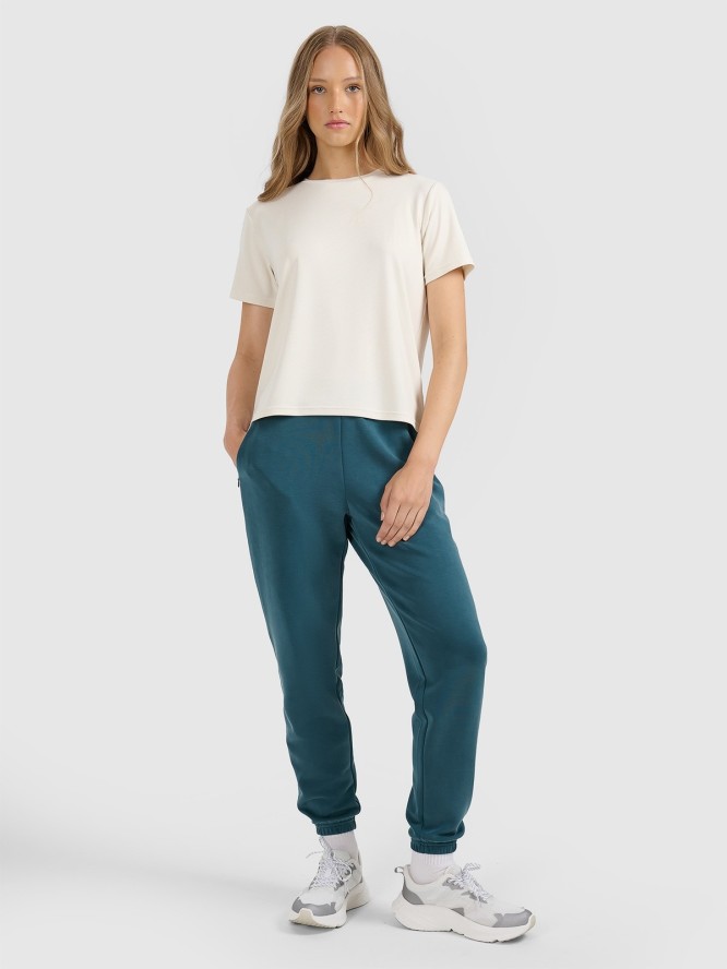 4F T-shirt z prążkowanej dzianiny z modalem damski - beżowy XS