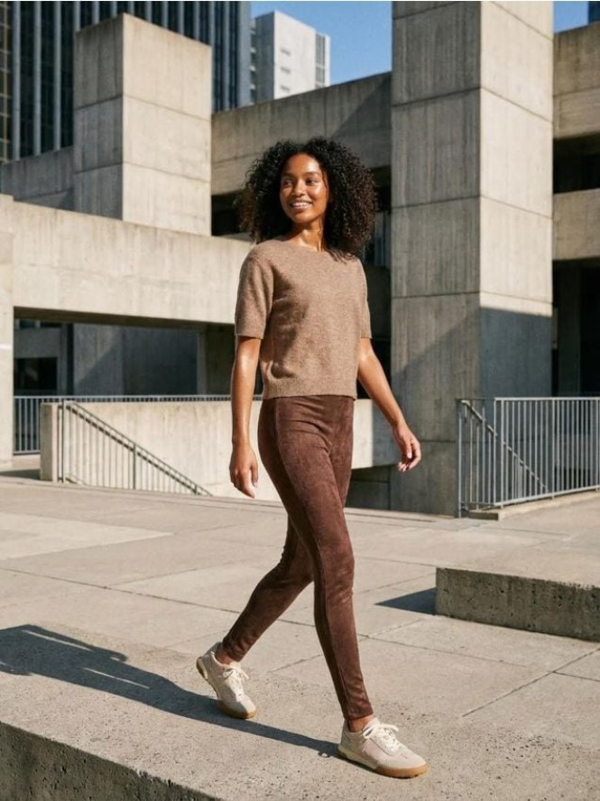 Legginsy z imitacji zamszu - brązowy