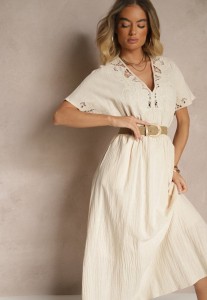 Beżowa Bawełniana Sukienka w Stylu Boho z Kieszonkami Orrane