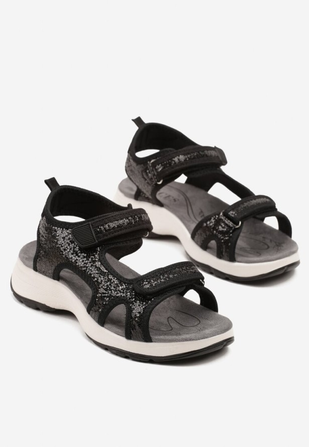 Czarne Metaliczne Sandały Vices w Sportowym Stylu z Zapięciem na Rzep Tanadoria