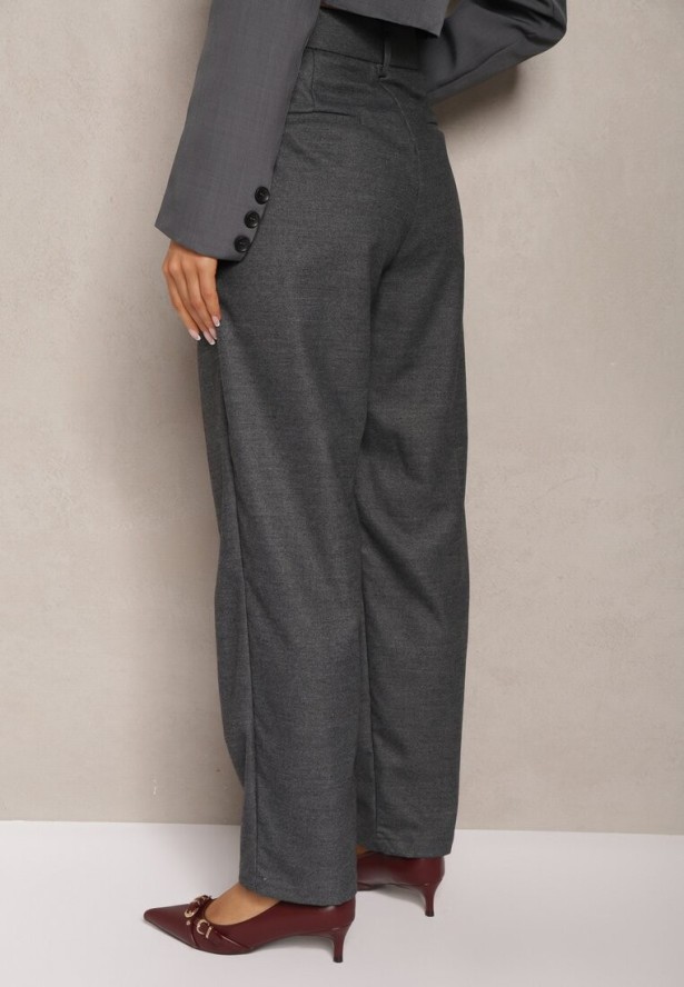 Ciemnoszare Szerokie Spodnie z Kieszeniami o Garniturowym Kroju Verati