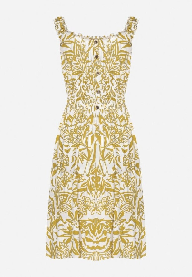 Jasnozielona Bawełniana Sukienka Rozkloszowana Ozdobiona Guzikami Lisavena