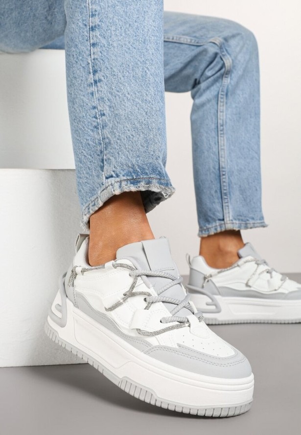 Biało-Szare Sneakersy na Platformie z Paskiem z Cyrkonii Aneolin
