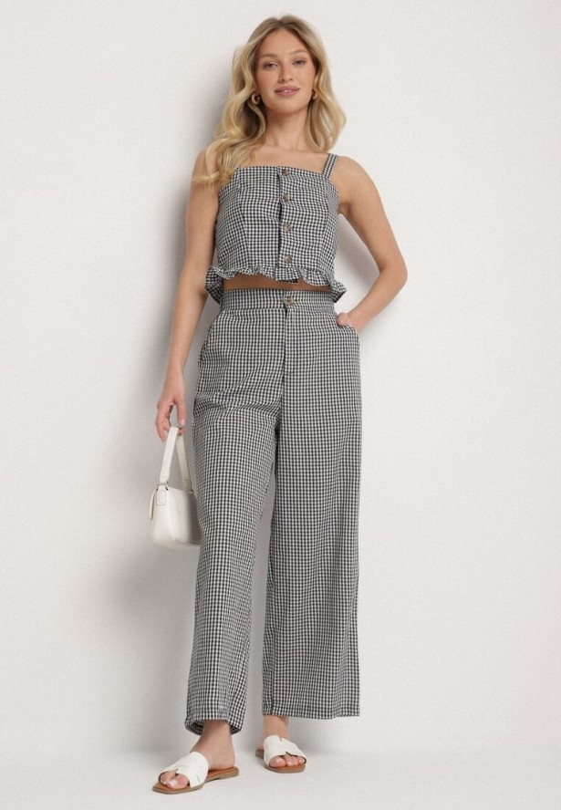 Czarna Bluzka Top ze Wzorem Kraty Ozdobiony Falbanką i Guzikami Folorae