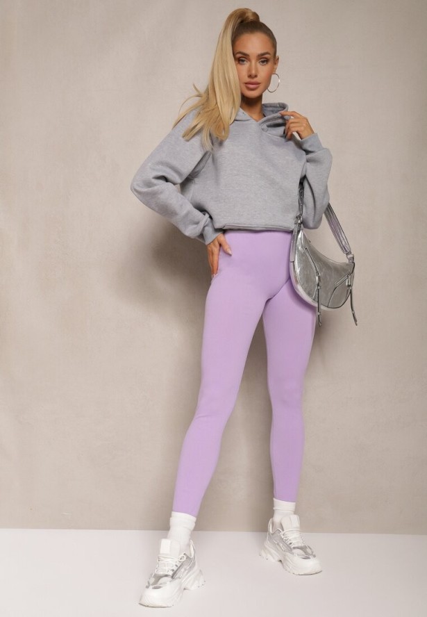 Jasnofioletowe Sportowe Legginsy Elastyczne z Ozdobną Szeroką Gumą w Pasie Larnode