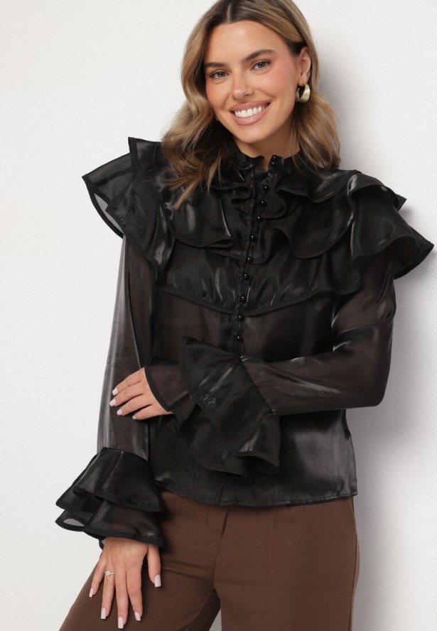 Czarna Koszula z Ozdobnymi Falbankami Edianessea