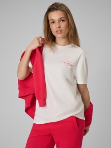 4F T-shirt loose z nadrukiem damski - beżowy M