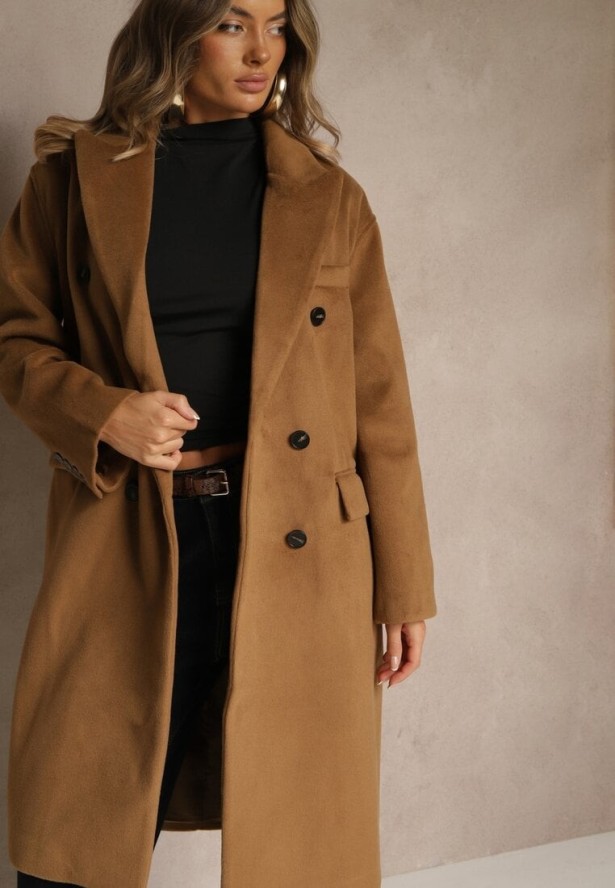 Brązowy Klasyczny Płaszcz Dwurzędowy z Kieszeniami Tereti