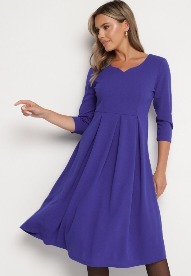 Fioletowa Rozkloszowana Sukienka z Rękawem 3/4 Nomiel