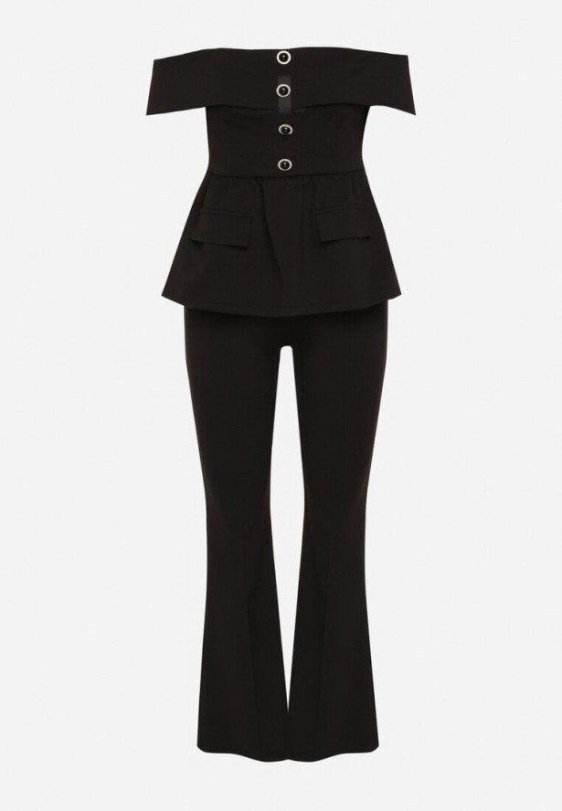 Czarny Komplet Garniturowy Bluzka Hiszpanka z Guzikami i Spodnie Dzwony Yaskio