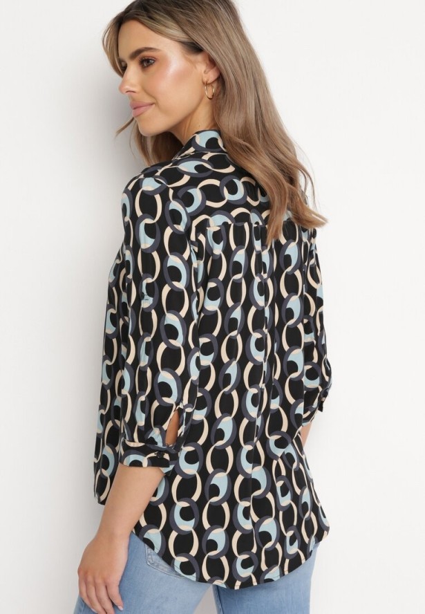 Czarno-Niebieska Koszula z Bawełny i Wiskozy z Rękawem 3/4 i Ozdobnym Wzorem Tinari