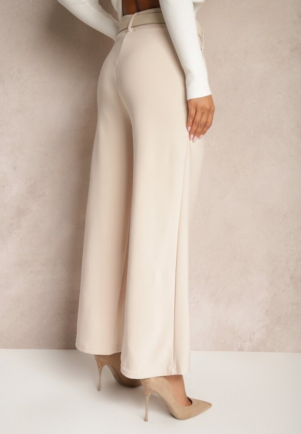 Beżowe Garniturowe Spodnie High Waist z Gumką i Dodatkowym Paskiem w Talii Mattine