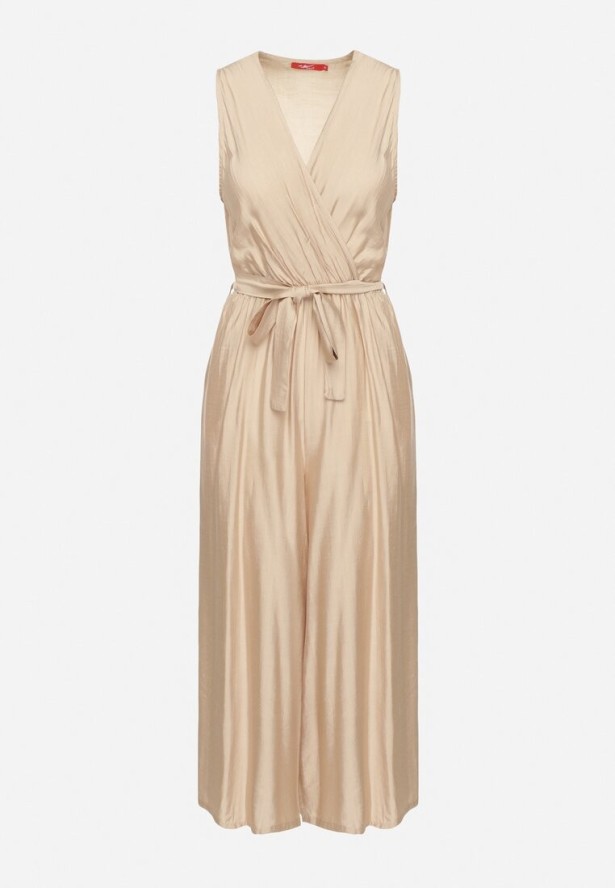 Beżowy Taliowany Kombinezon z Wiskozą i Paskiem Evithrae