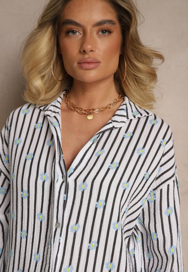 Czarno-Biała Koszula z Bawełny w Prążki Zdobiona Kwiatowym Wzorem Apiola