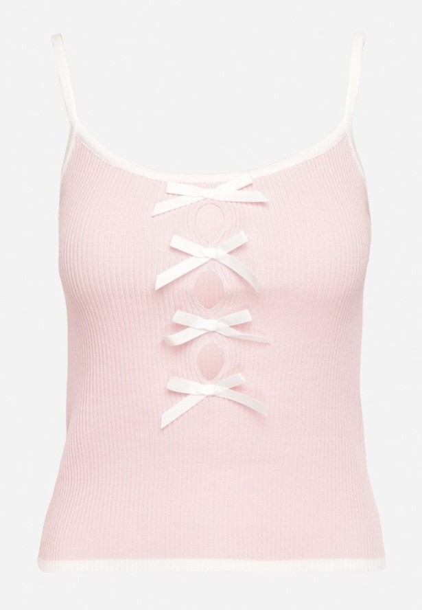 Różowy Prążkowany Top z Ozdobnymi Kokardami Evilellis