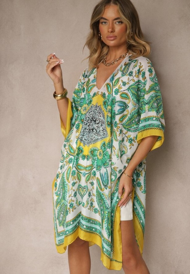 Żółte Ponczo Narzutka z Wiskozy i Jedwabiu w Stylu Boho Acera