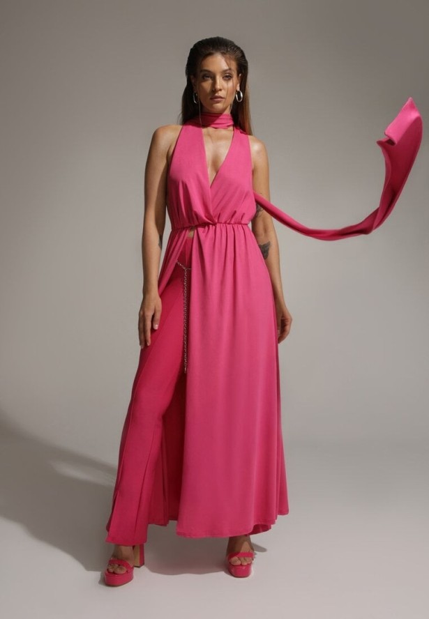 Fuksjowa Sukienka Koktajlowa Multiway z Wiskozą Wiązana na Szyi Lilovea