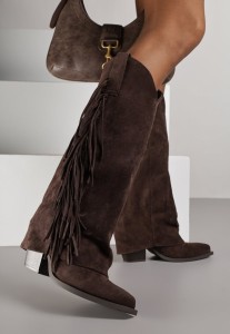 Ciemnobrązowe Kozaki Kowbojki na Stożku z Cholewką Imitującą Nogawkę z Frędzlami Monettea
