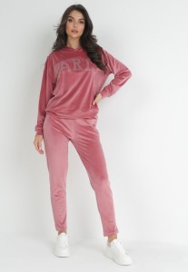 Ciemnoróżowy 2-częściowy Komplet Dresowy z Weluru Zdobiony Cyrkoniami Feyre
