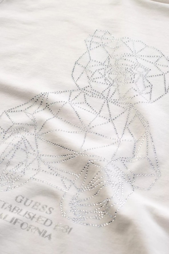 GUESS Biały damski t-shirt na krótki rękaw z cyrkoniami Romy, Rozmiar L