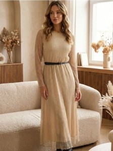 Elegancka sukienka szmizjerka z paskiem - złoty