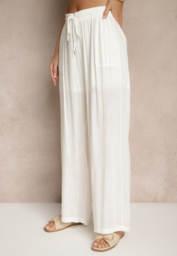 Białe Szerokie Spodnie z Bawełną na Gumce z Kieszeniami Efridessa