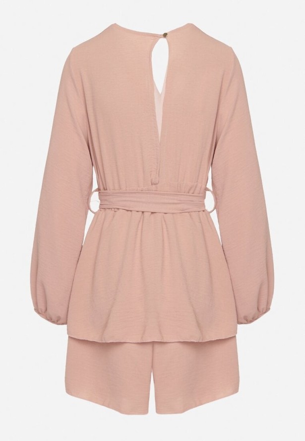 Ciemnoróżowa Kopertowa Sukienka Kombinezon Mini z Falbanką Bomina