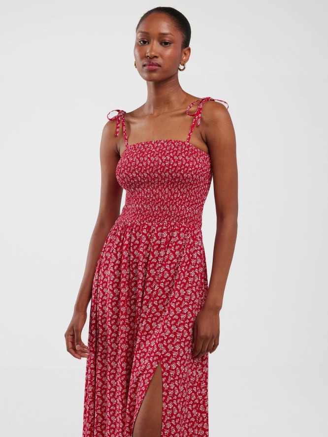 Sukienka damska midi z wiskozy na ramiączkach z motywem kwiatowym czerwona Lamboni 603