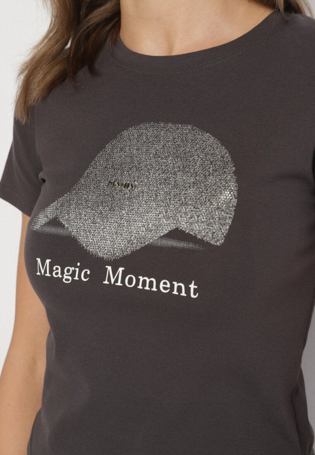 Ciemnoszary T-shirt z Bawełny z Nadrukiem Czapki i Cyrkoniami Penilna