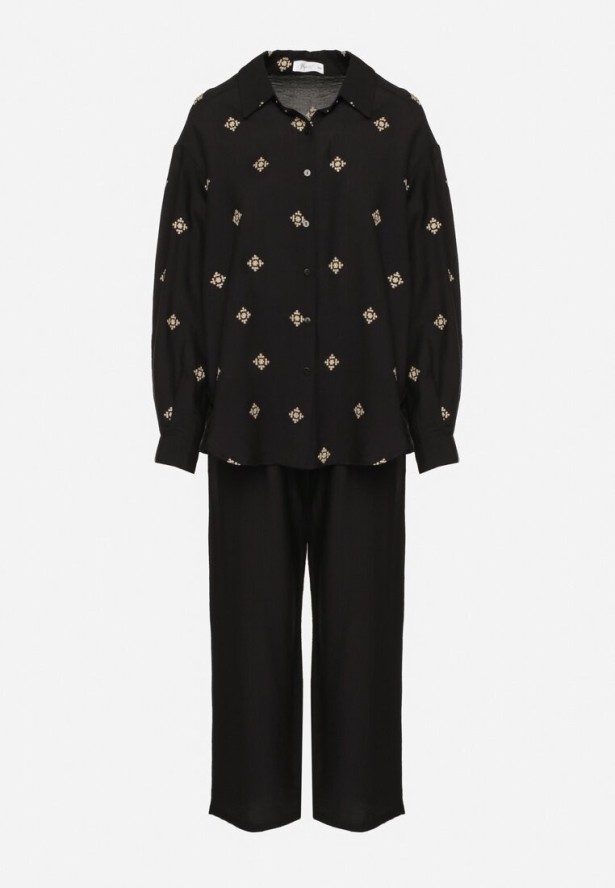 Czarny Komplet z Wiskozy o Kroju Oversize Koszula z Haftem i Spodnie Sadeonna