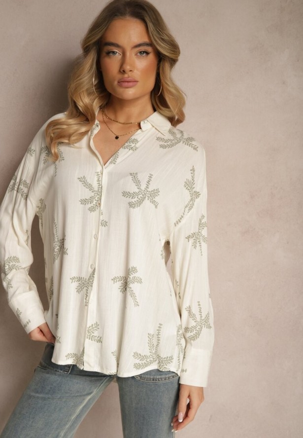 Biała Koszula z Wiskozy z Lnem w Liściasty Wzór Tatheia