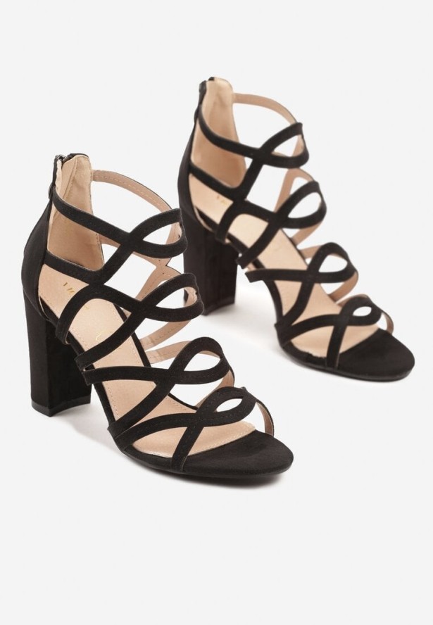 Czarne Ozdobne Sandały Vices na Słupkowym Obcasie ze Skórzaną Wkładką Sesilla