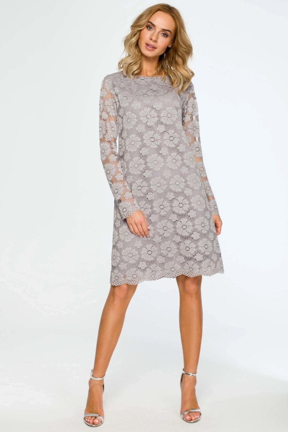 Sukienka na wesele koronkowa trapezowa midi szara