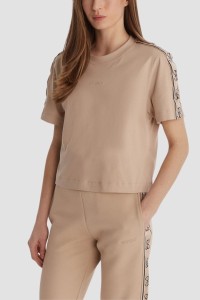 GUESS Ciemnobeżowy bawełniany t-shirt damski z lampasami Britney, Rozmiar XL