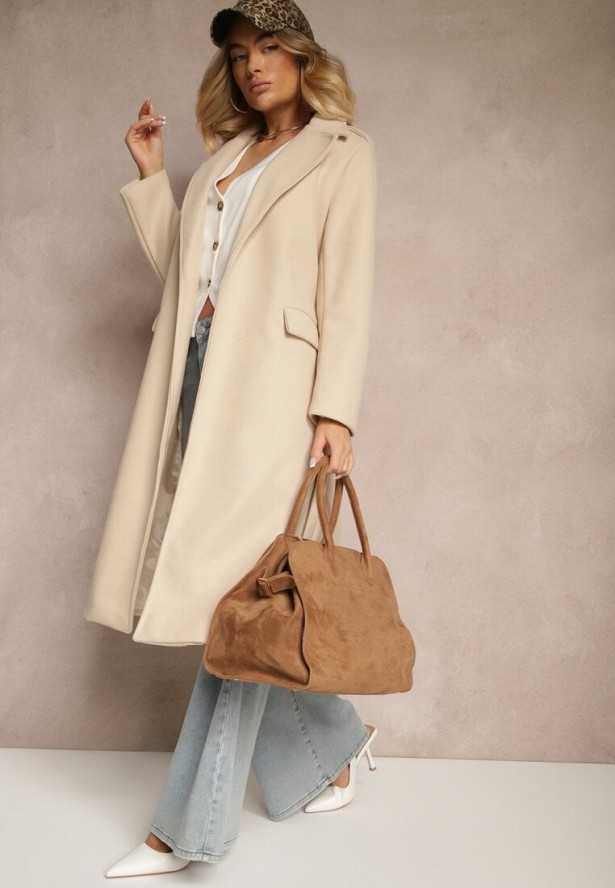 Jasnobeżowy Taliowany Płaszcz z Wiązanym Paskiem Seraphique