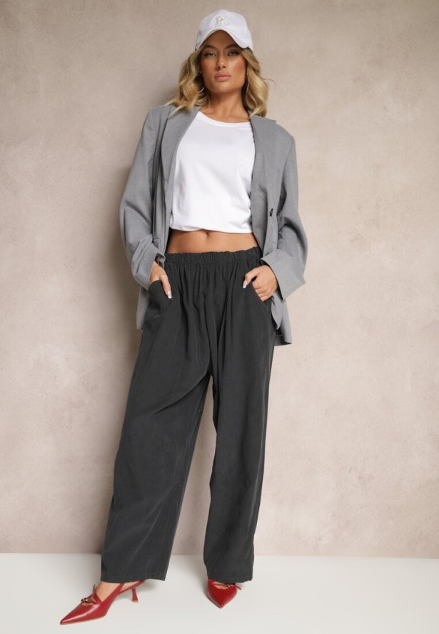 Ciemnoszare Bawełniane Spodnie High Waist o Szerokim Kroju Velili