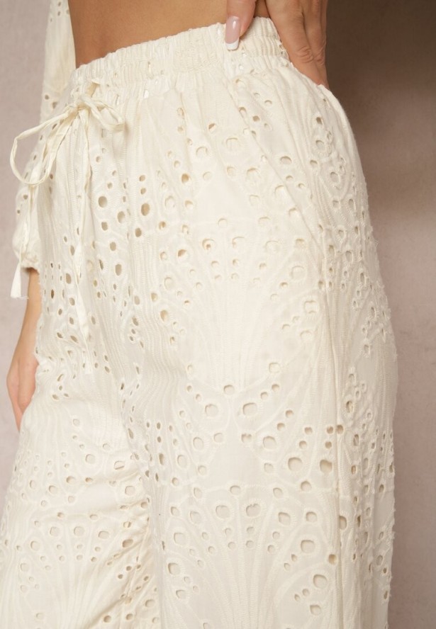 Beżowe Szerokie Spodnie z Ażurowej Tkaniny z Wysokim Stanem Siledis